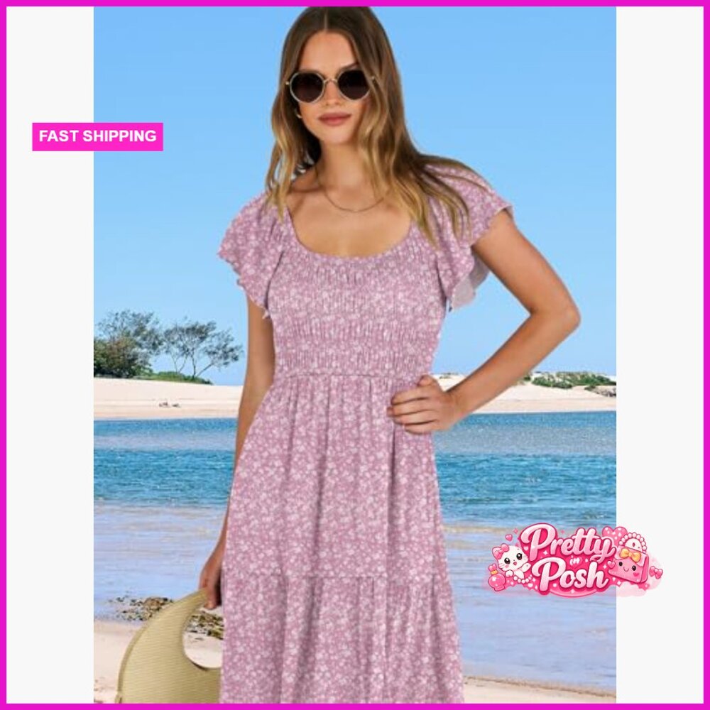 Polyester Elastane Maxi Dress Flutter Sleeve Smoc… - image 6